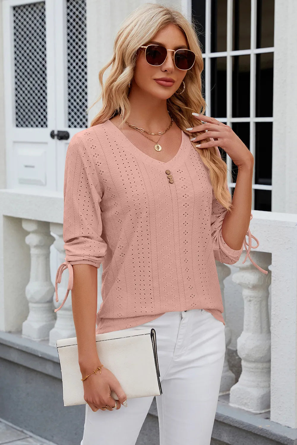 Eyelet Drawstring V-Neck Half Sleeve T-Shirt – Trendsi | ClozArt