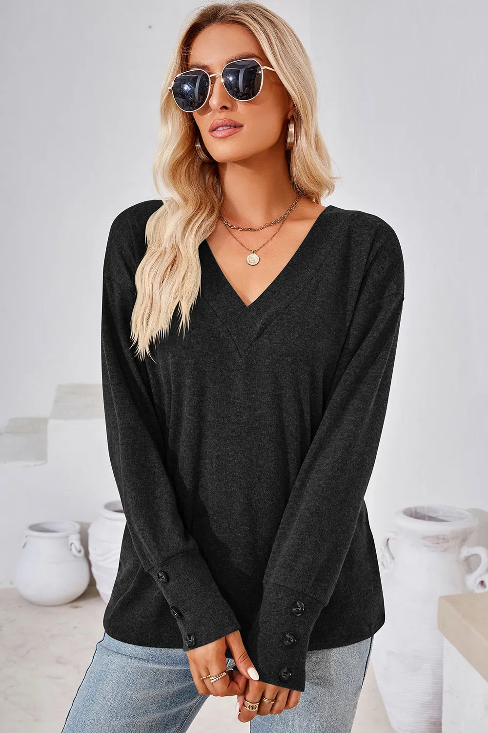 V-Neck Dropped Shoulder T-Shirt – Trendsi | ClozArt