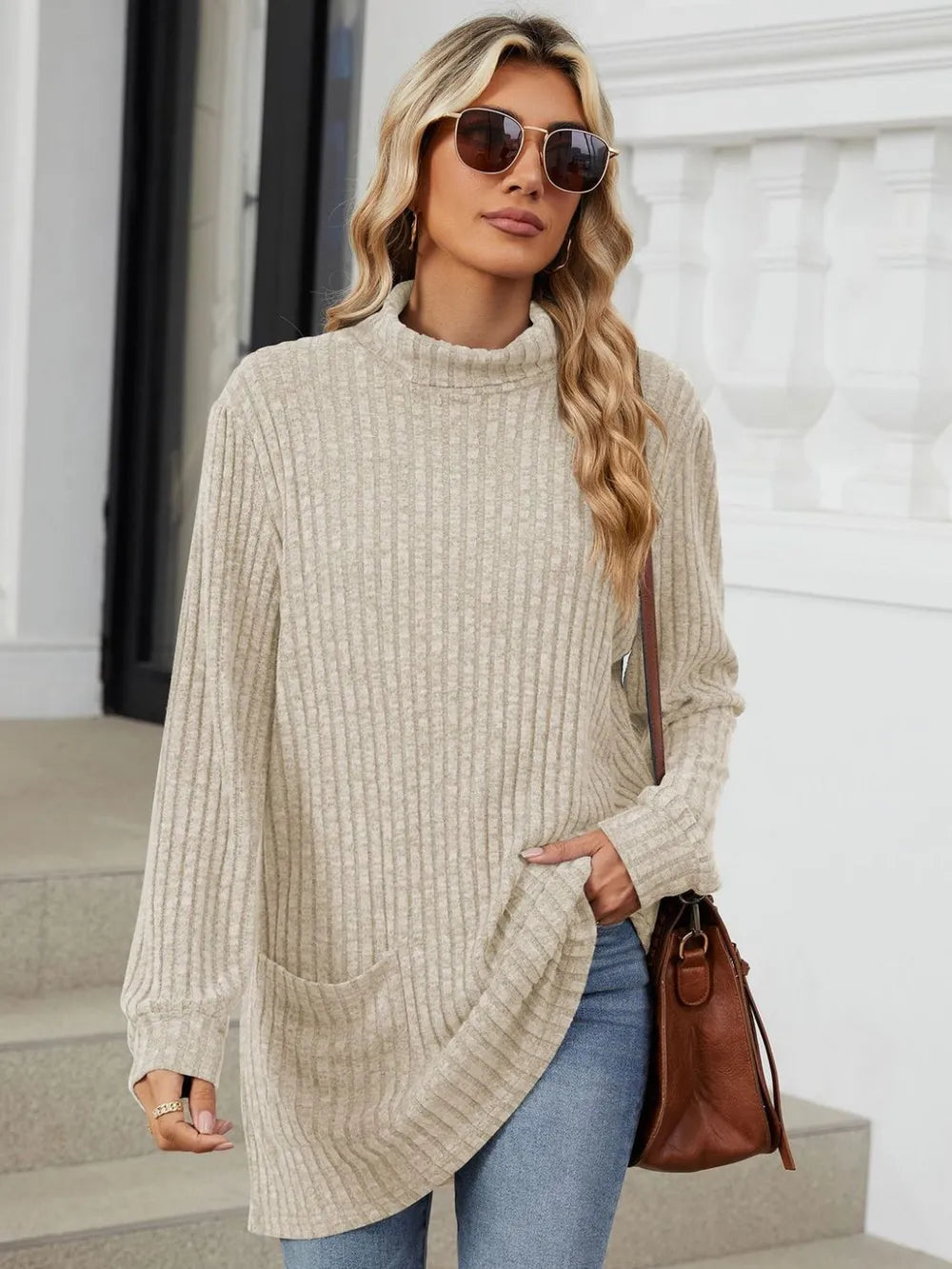 Ribbed Mock Neck Long Sleeve T-Shirt – Trendsi | ClozArt