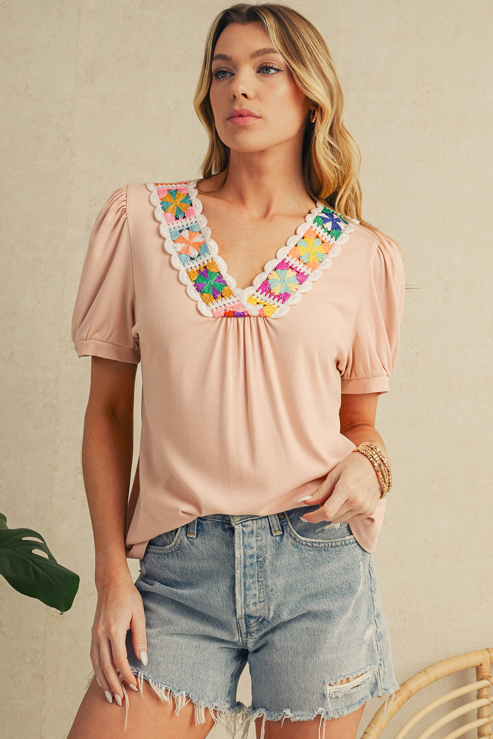 Pale Chestnut Floral Crochet V Neck Crinkled Blouse – Shewin | ClozArt