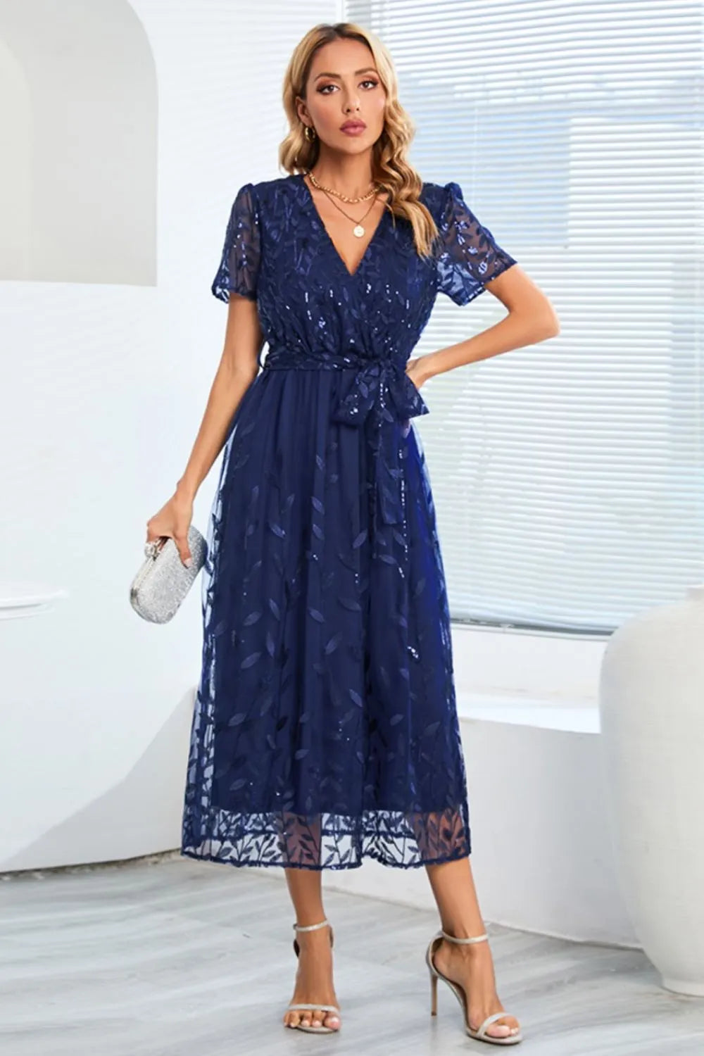 Sequin Leaf Embroidery Tie Front Short Sleeve Dress – Trendsi | ClozArt