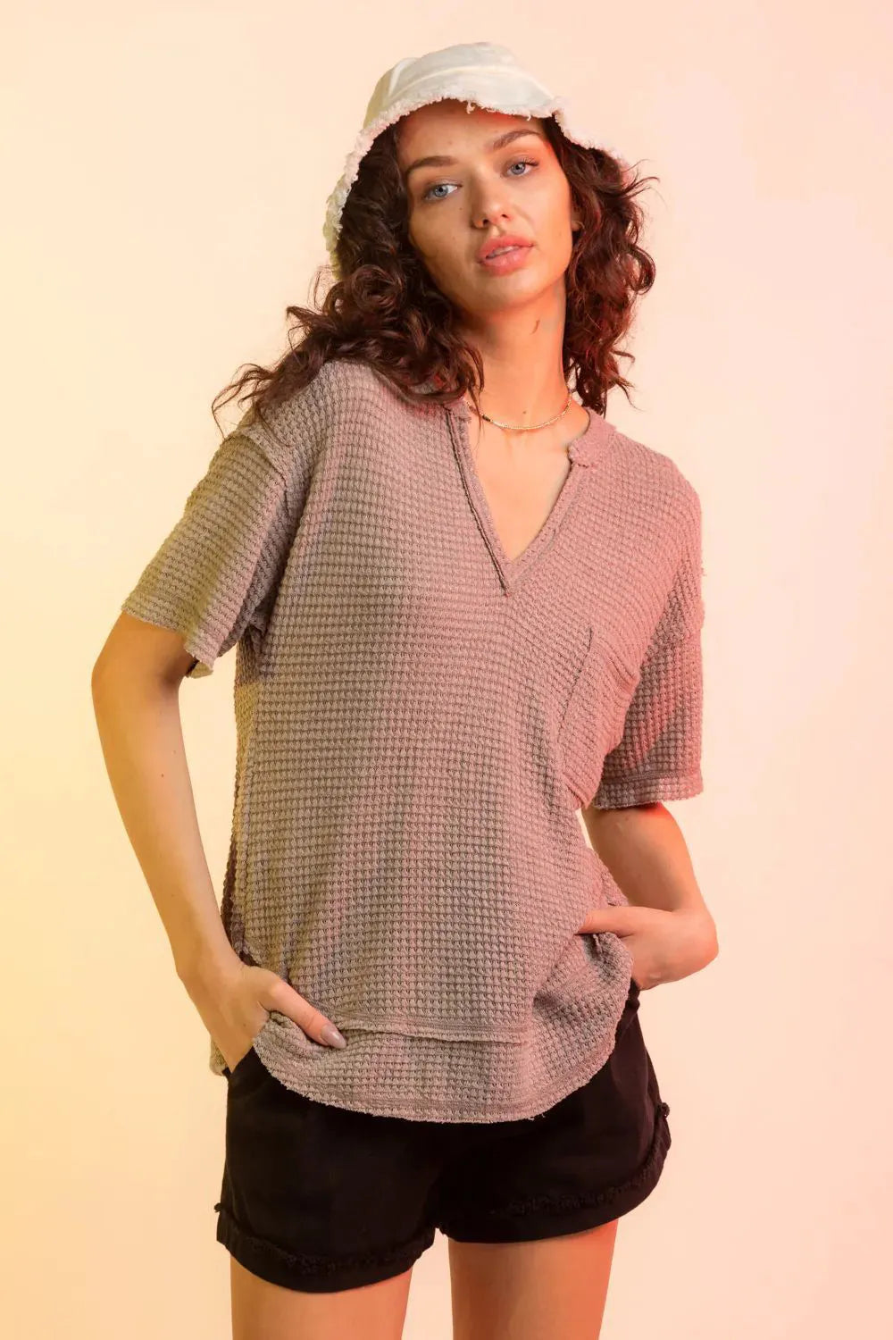 Waffle-Knit Notched Half Sleeve T-Shirt – Trendsi | ClozArt