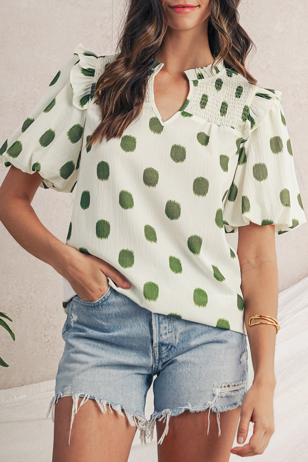 Black Polka Dot Print Smocked Notched Neck Balloon Sleeve Blouse – Shewin | ClozArt