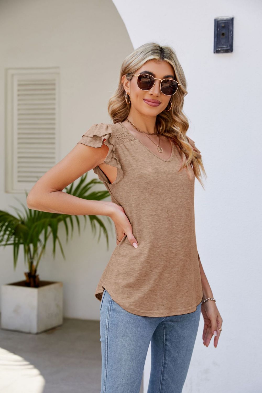 Smocked Flutter Sleeve V-Neck Top – Trendsi | ClozArt