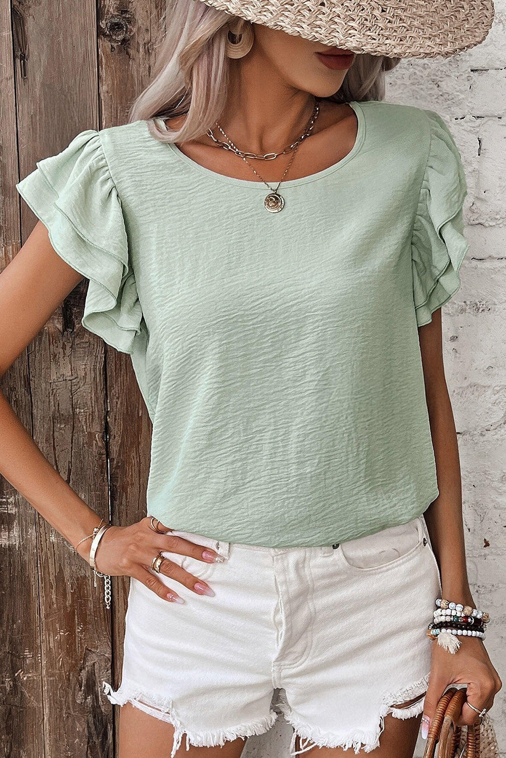 Mist Blue Solid Color Ruffle Sleeve Crinkled Blouse – Shewin | ClozArt