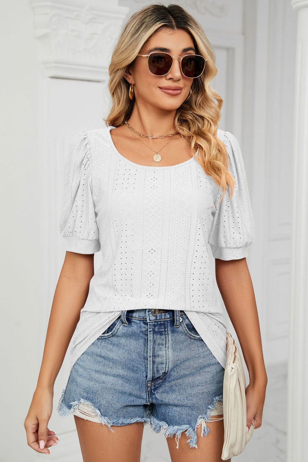 Eyelet Puff Sleeve Round Neck Top – Trendsi | ClozArt