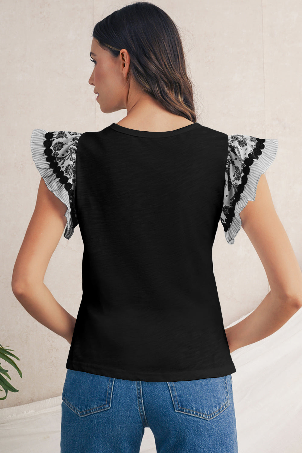 Rose Floral Striped Patchwork Flutter Sleeve Blouse – Shewin | ClozArt