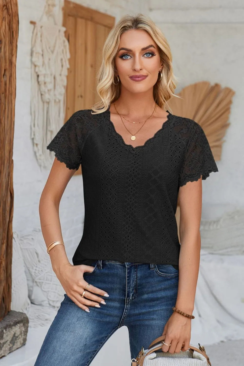 Eyelet V-Neck Lace Short Sleeve T-Shirt – Trendsi | ClozArt