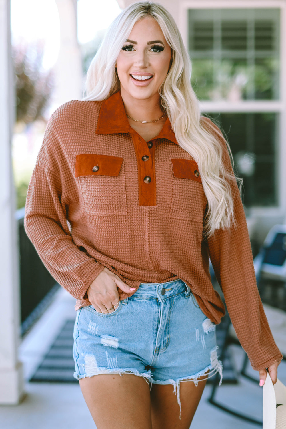 Half-Button Collared Long Sleeve Top – Trendsi | ClozArt