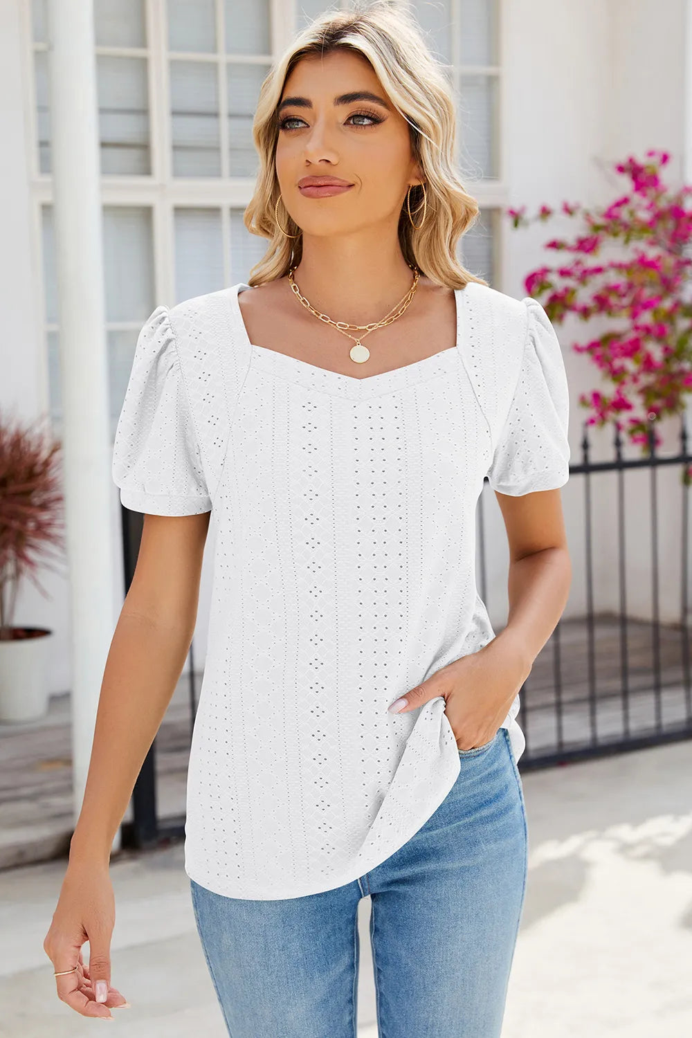 Eyelet Puff Sleeve T-Shirt – Trendsi | ClozArt