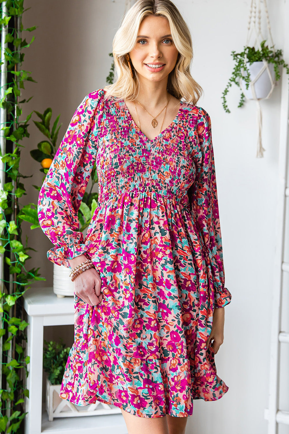 Floral Smocked V-Neck Flounce Sleeve Dress – Trendsi | ClozArt