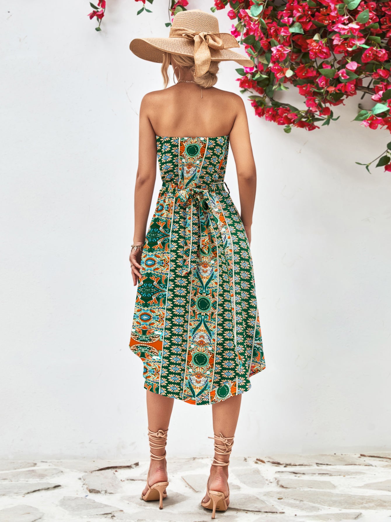 Printed Strapless Tie Belt Dress – Trendsi | ClozArt