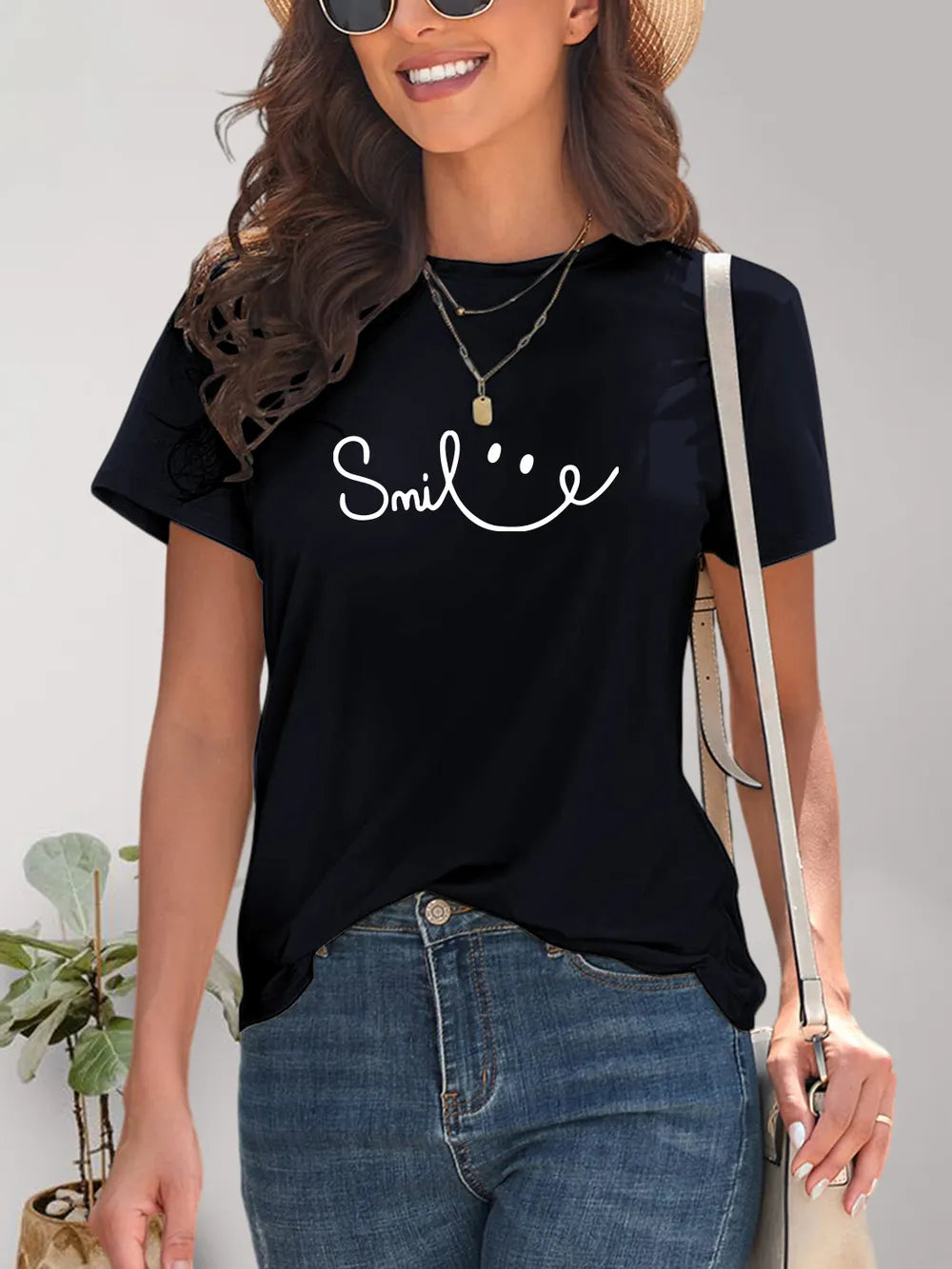 SMILE Round Neck Short Sleeve T-Shirt – Trendsi | ClozArt