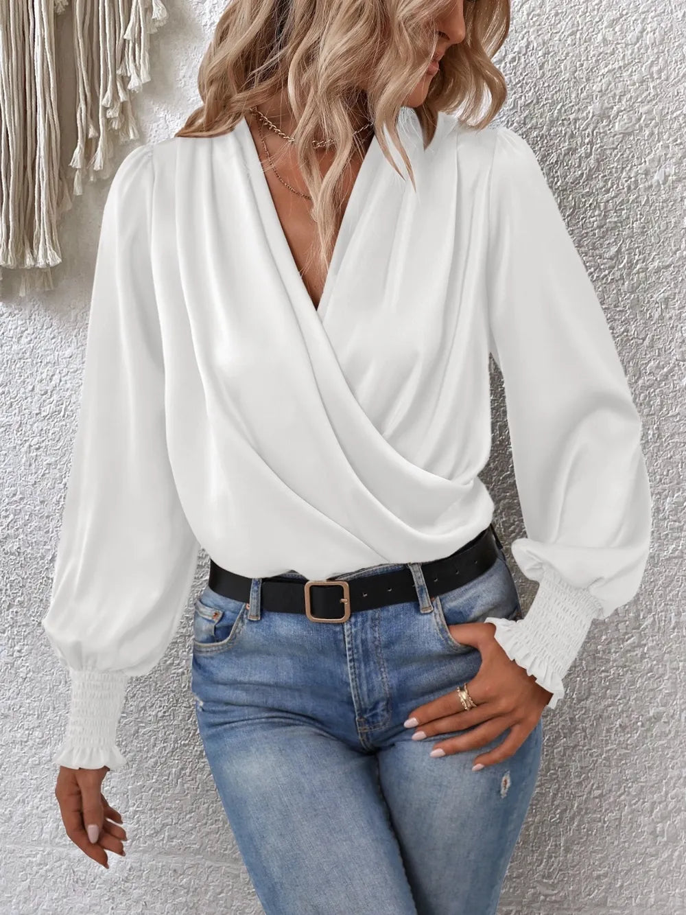 Surplice Smocked Lantern Sleeve Blouse – Trendsi | ClozArt