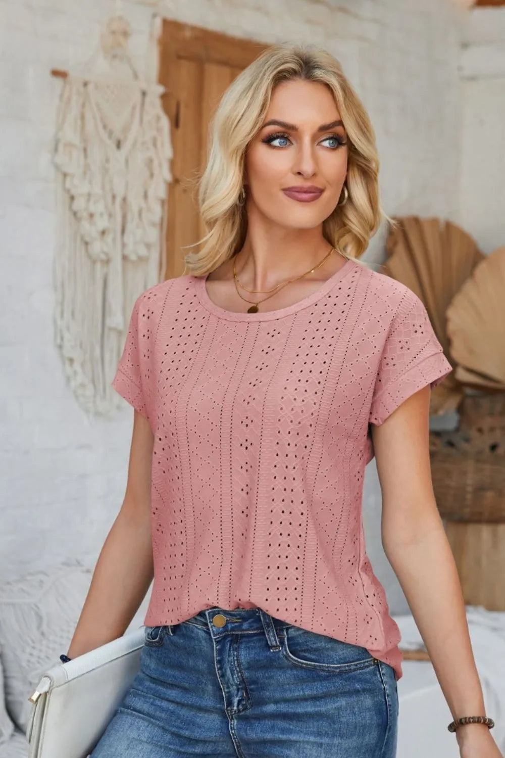 Eyelet Round Neck Rolled Short Sleeve T-Shirt – Trendsi | ClozArt