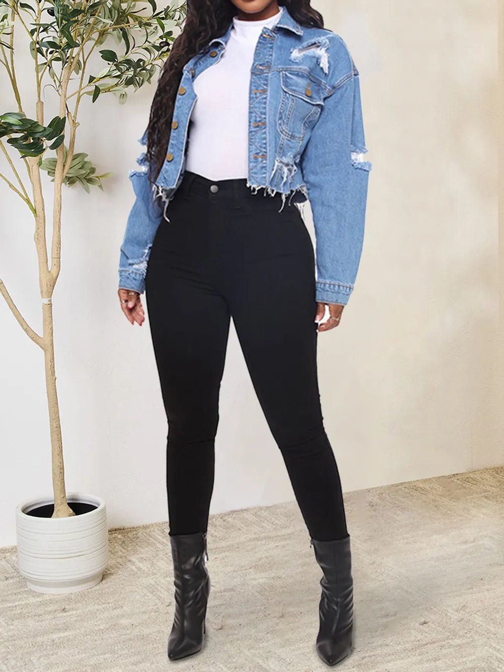 Distressed Button Up Raw Hem Denim Jacket – Trendsi | ClozArt