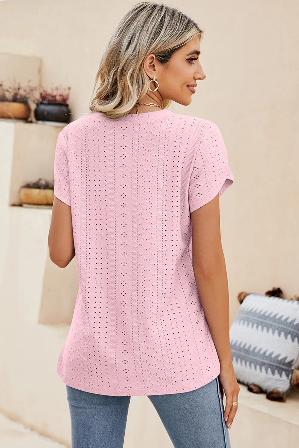Eyelet V-Neck Petal Sleeve T-Shirt – Trendsi | ClozArt