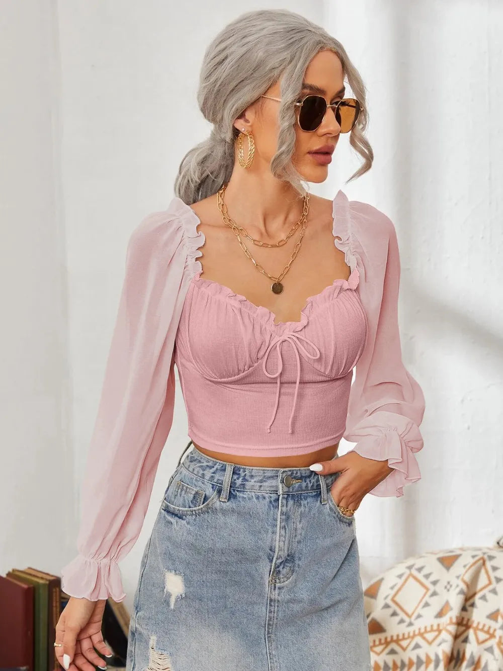 Mesh Sweetheart Neck Flounce Sleeve Top – Trendsi | ClozArt