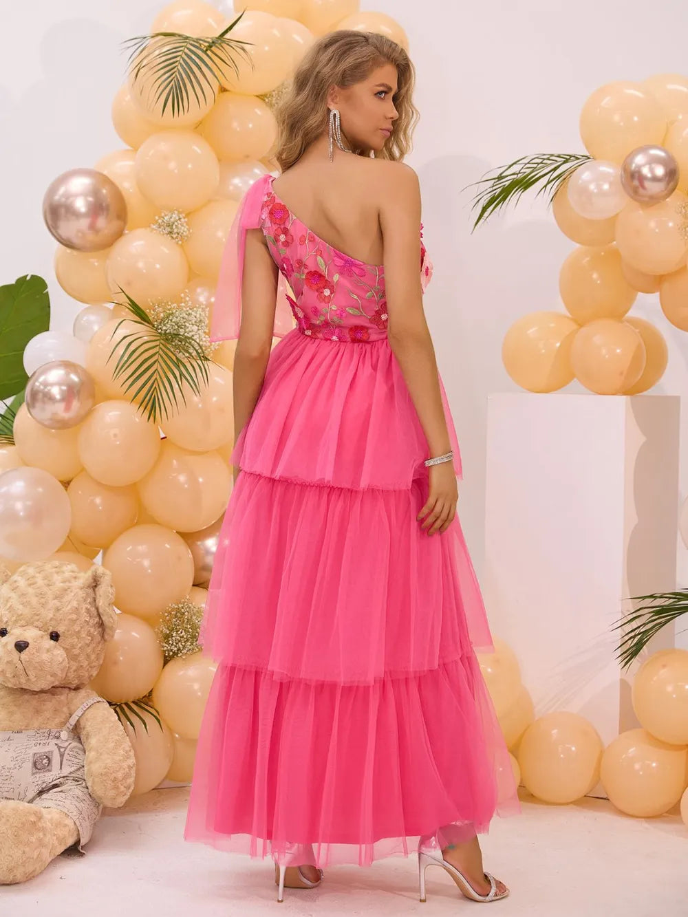 Embroidered Layered Single Shoulder Midi Dress – Trendsi | ClozArt