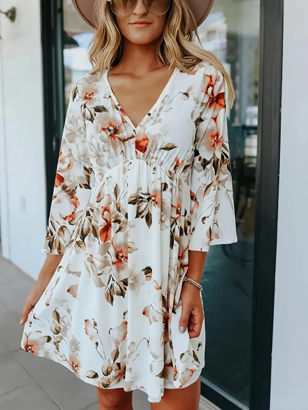 Floral V-Neck Three-Quarter Sleeve Mini Dress – Trendsi | ClozArt