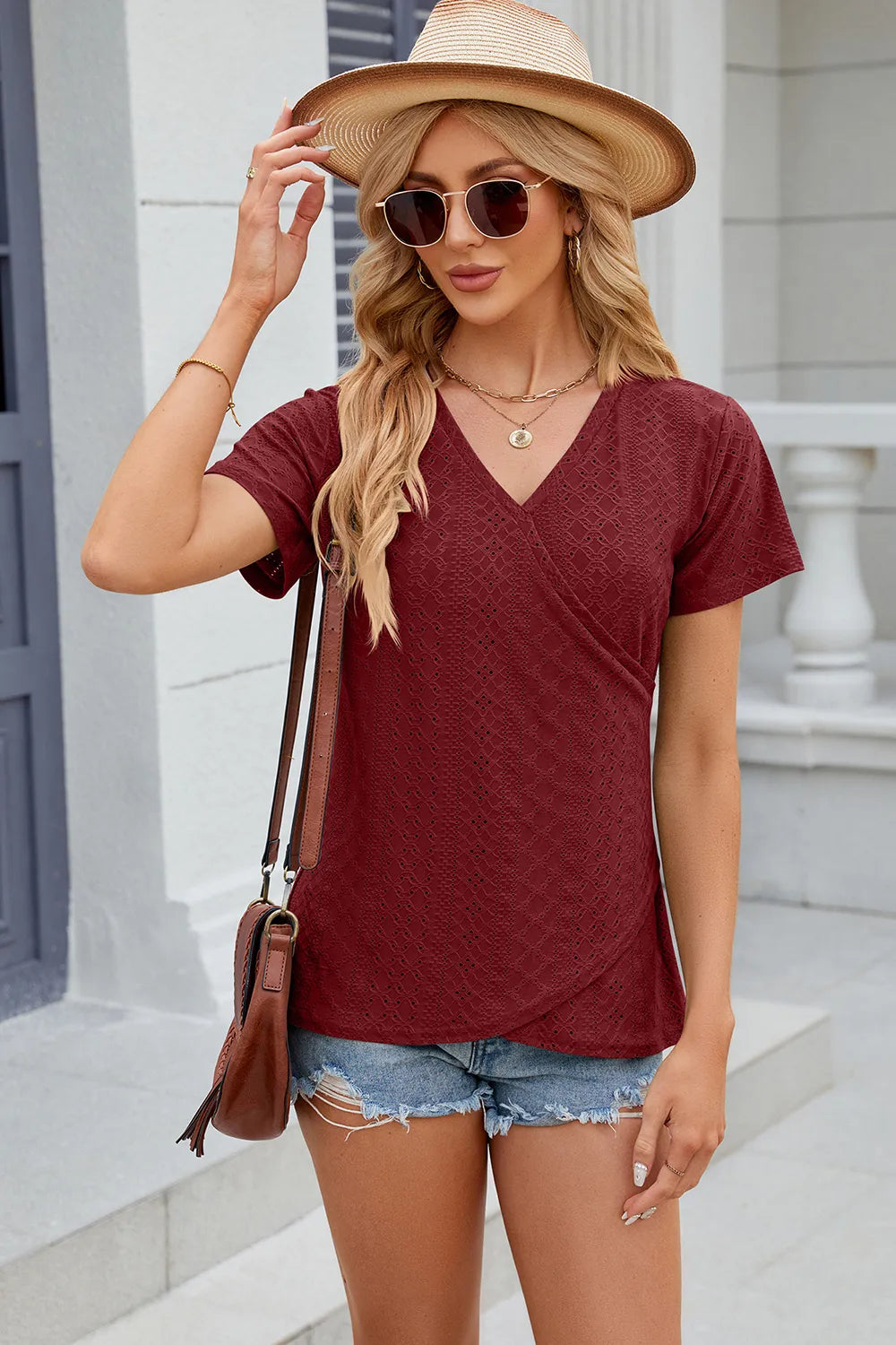 Eyelet Surplice Short Sleeve T-Shirt – Trendsi | ClozArt