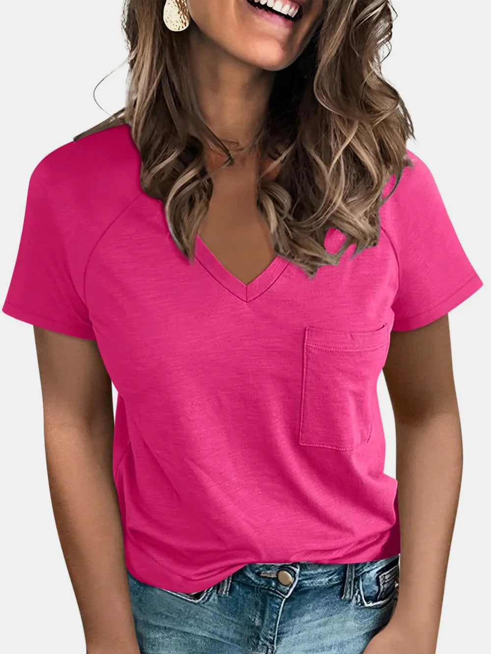 Pocketed V-Neck Short Sleeve T-Shirt – Trendsi | ClozArt