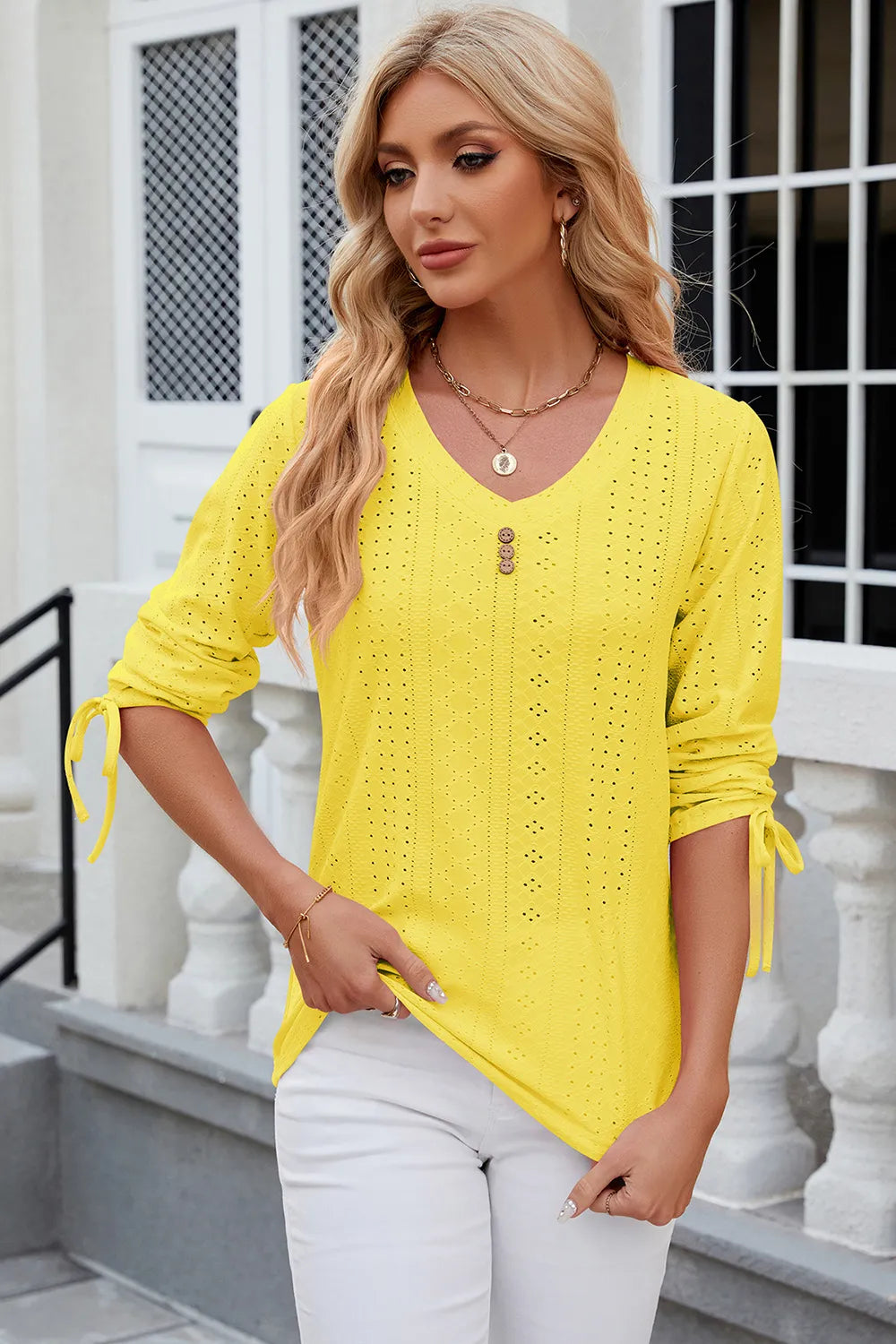 Eyelet Drawstring V-Neck Half Sleeve T-Shirt – Trendsi | ClozArt
