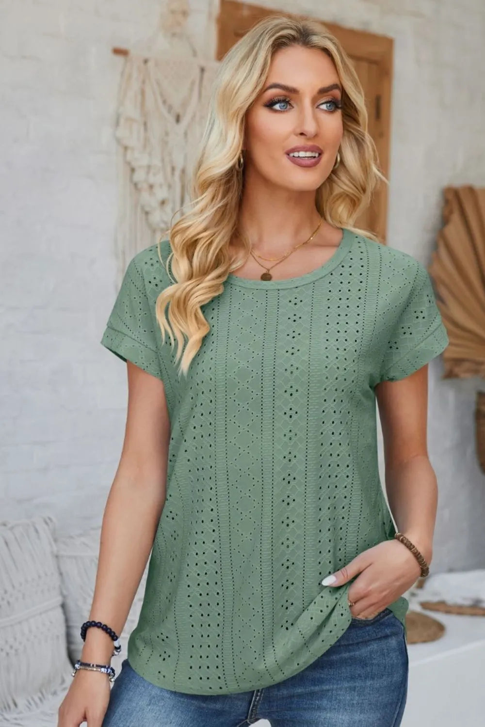 Eyelet Round Neck Rolled Short Sleeve T-Shirt – Trendsi | ClozArt