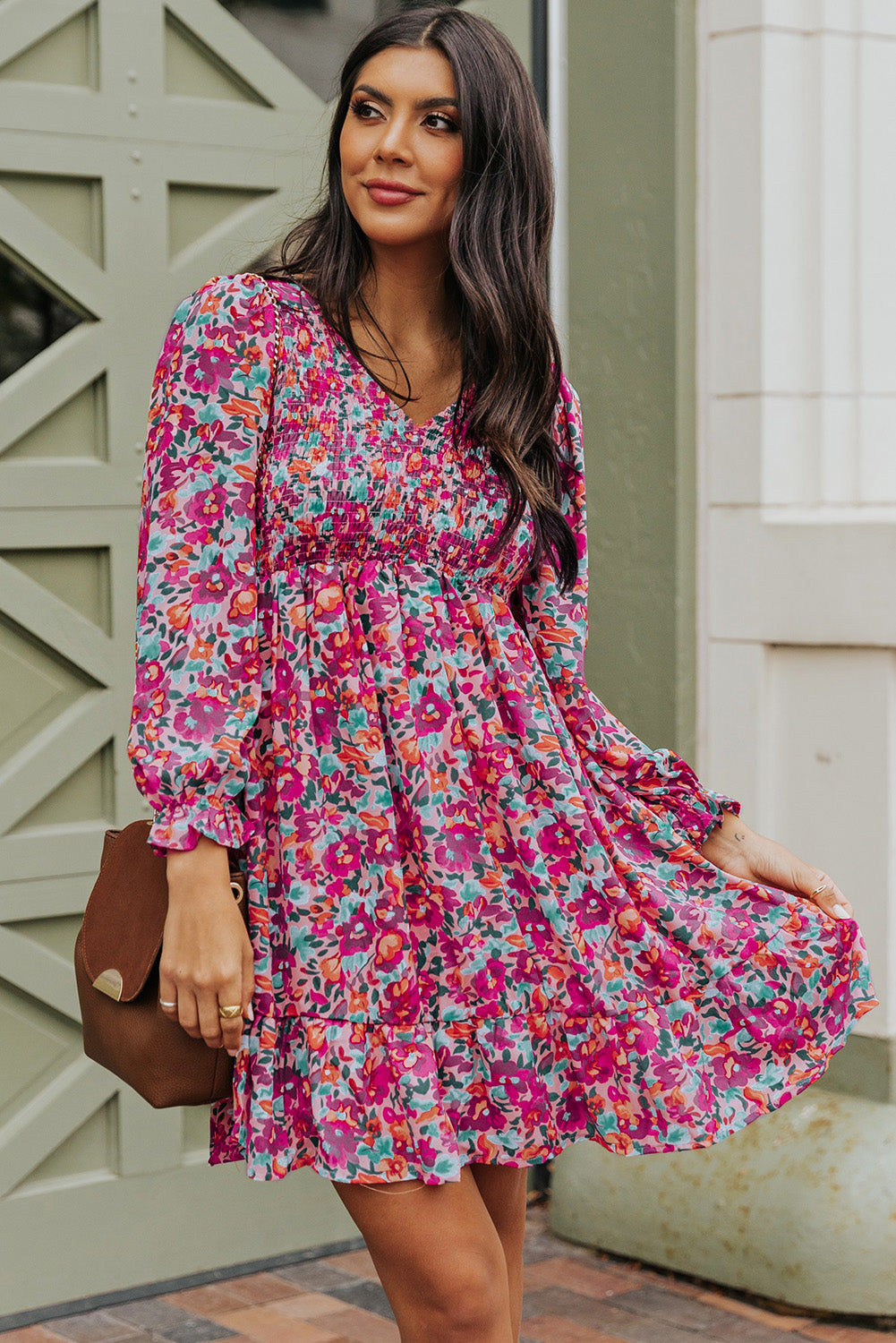 Floral Smocked V-Neck Flounce Sleeve Dress – Trendsi | ClozArt
