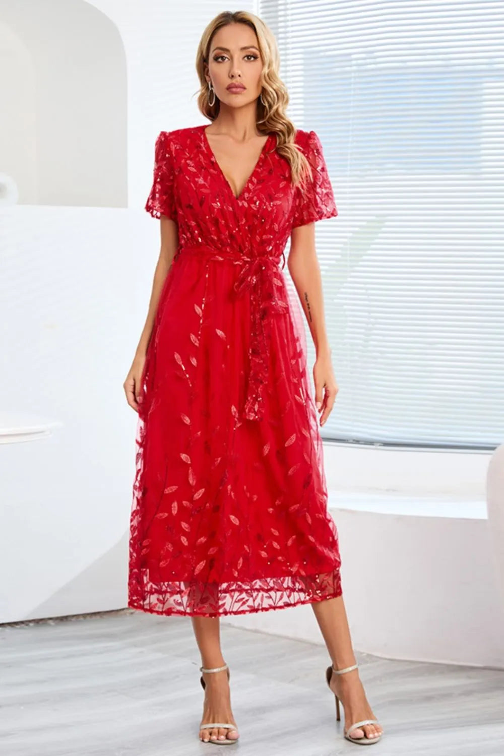 Sequin Leaf Embroidery Tie Front Short Sleeve Dress – Trendsi | ClozArt