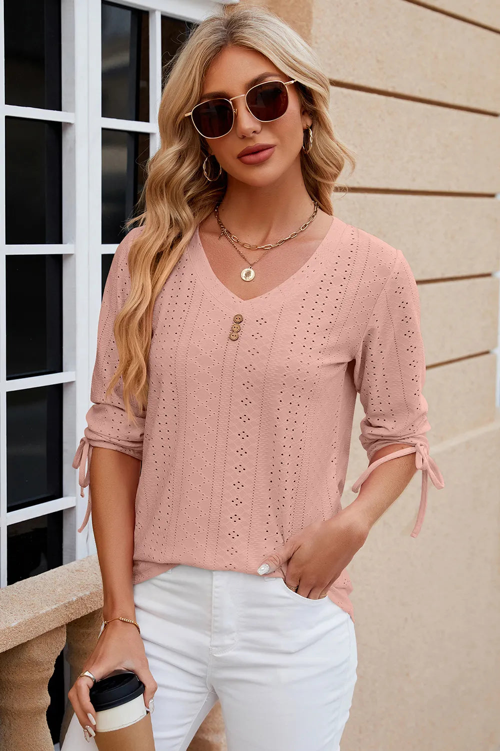 Eyelet Drawstring V-Neck Half Sleeve T-Shirt – Trendsi | ClozArt