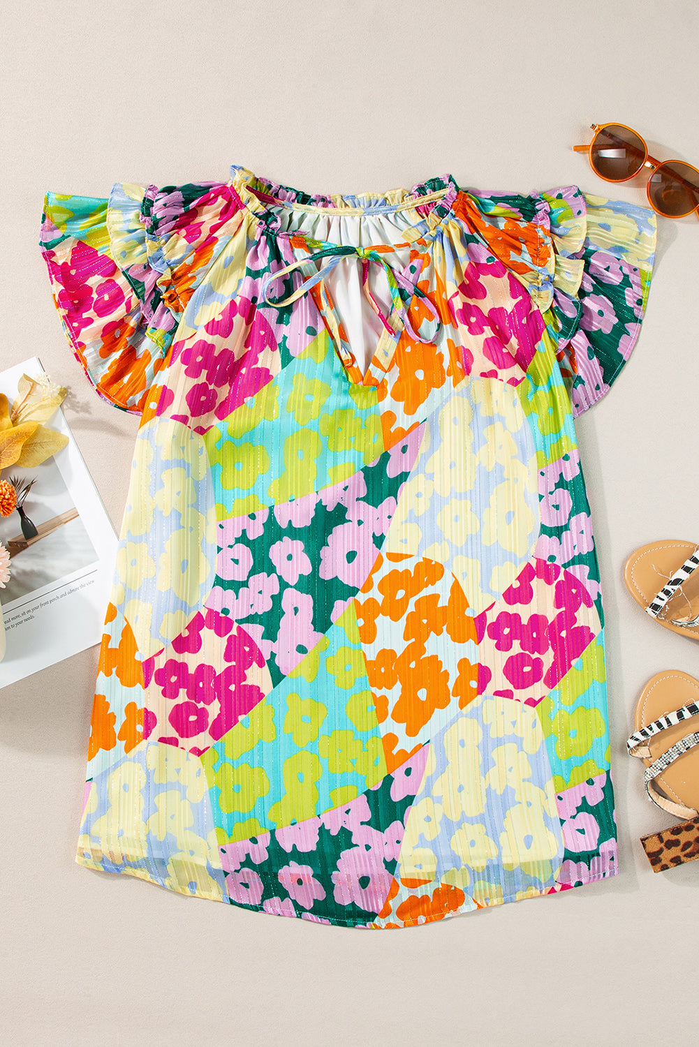 Multicolour Leopard Flutter Sleeve V Neck Crinkled Blouse – Shewin | ClozArt