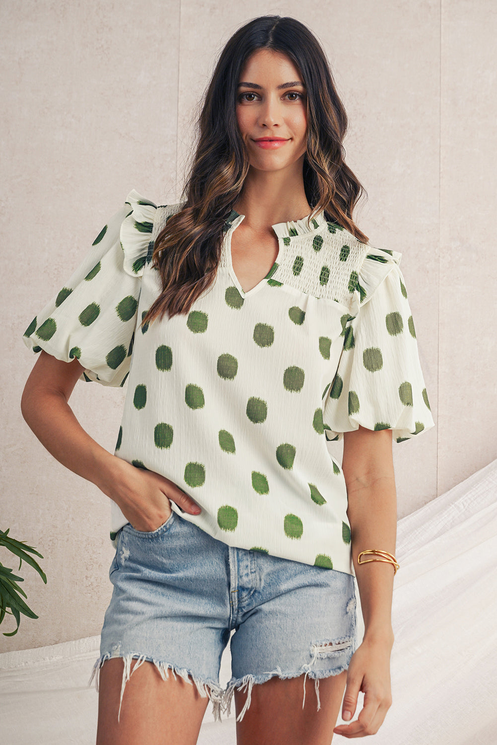 Black Polka Dot Print Smocked Notched Neck Balloon Sleeve Blouse – Shewin | ClozArt