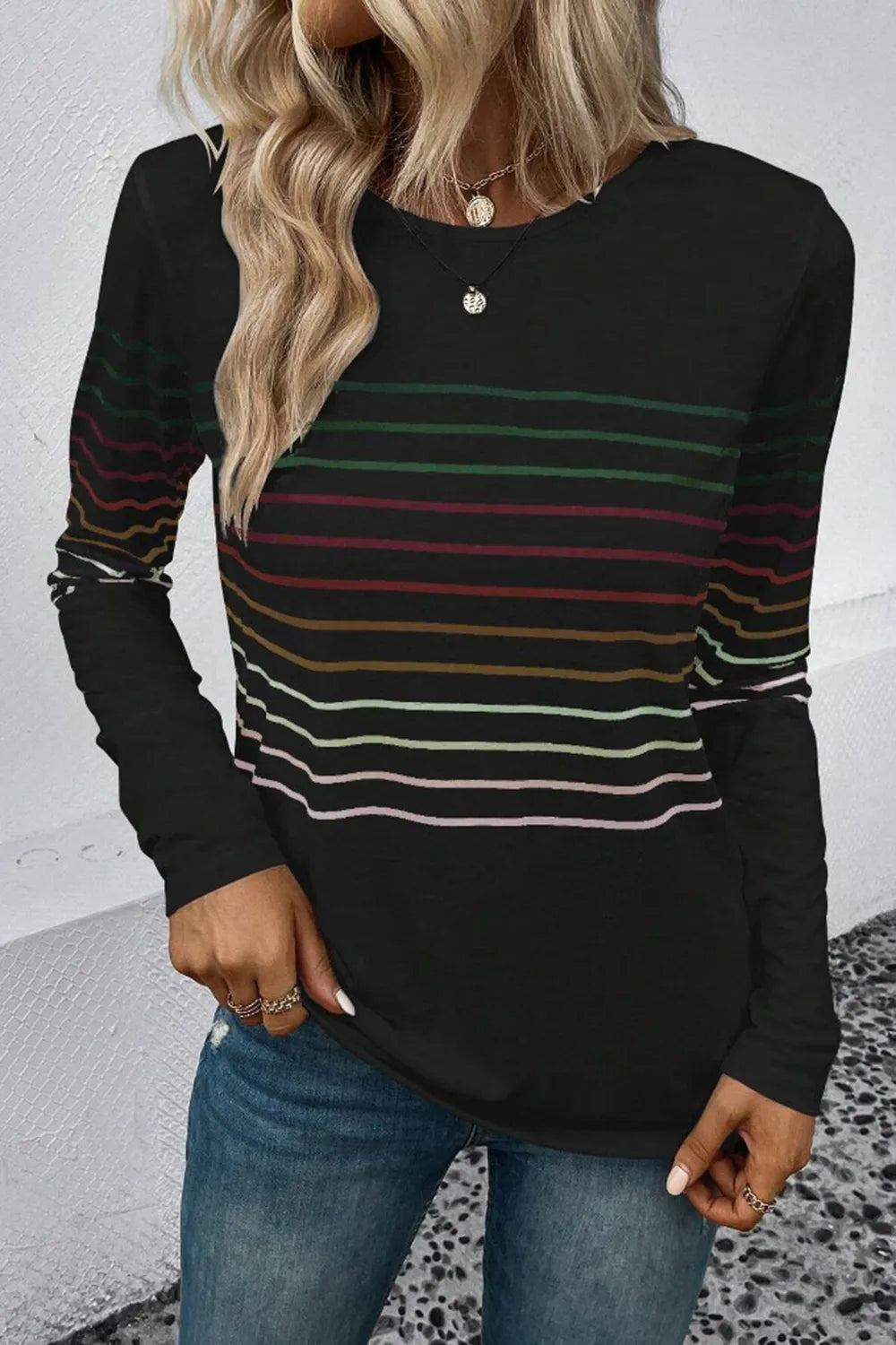 Striped Round Neck Long Sleeve T-Shirt – Trendsi | ClozArt