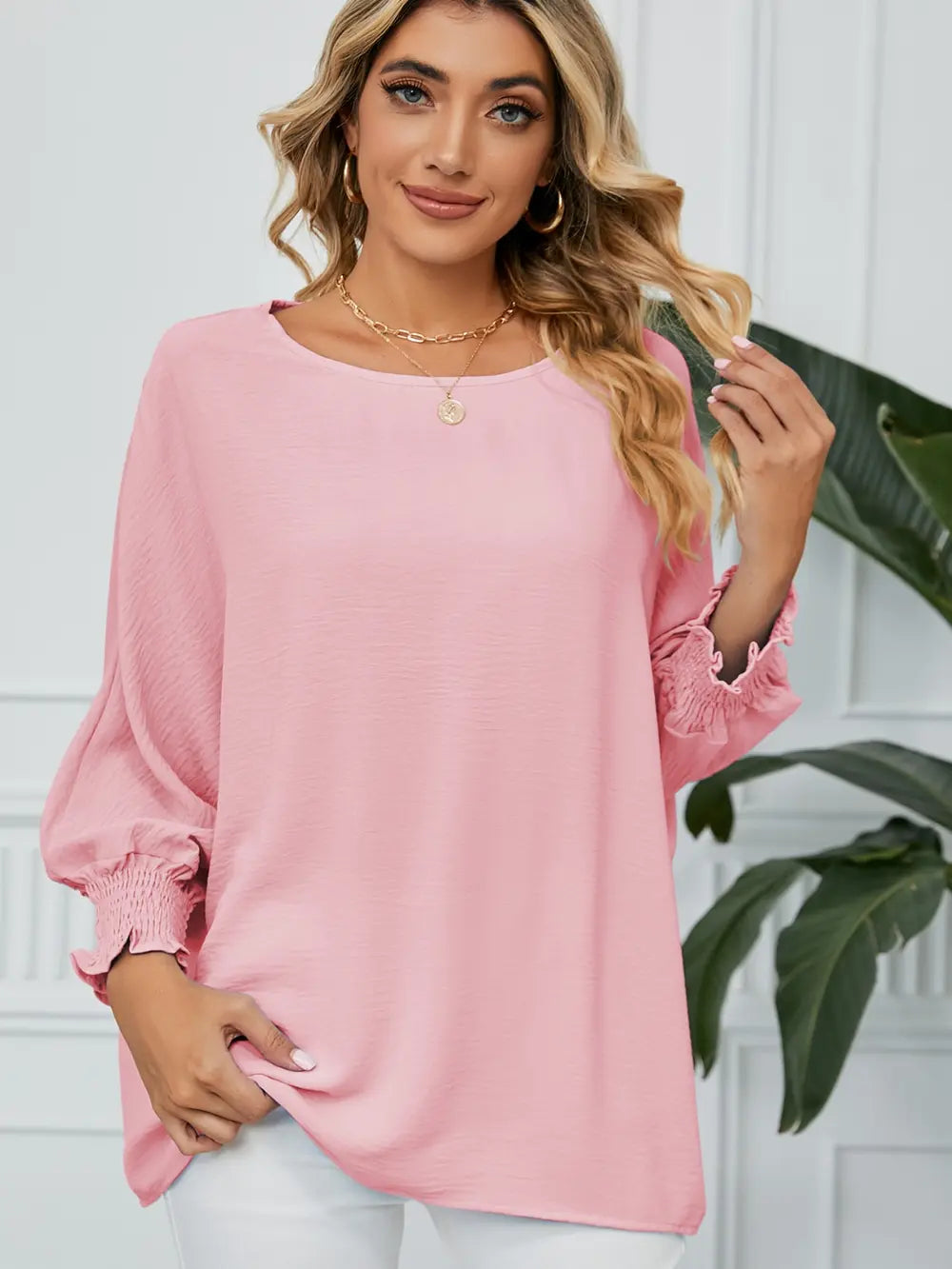 Smocked Lantern Sleeve Round Neck Blouse – Trendsi | ClozArt