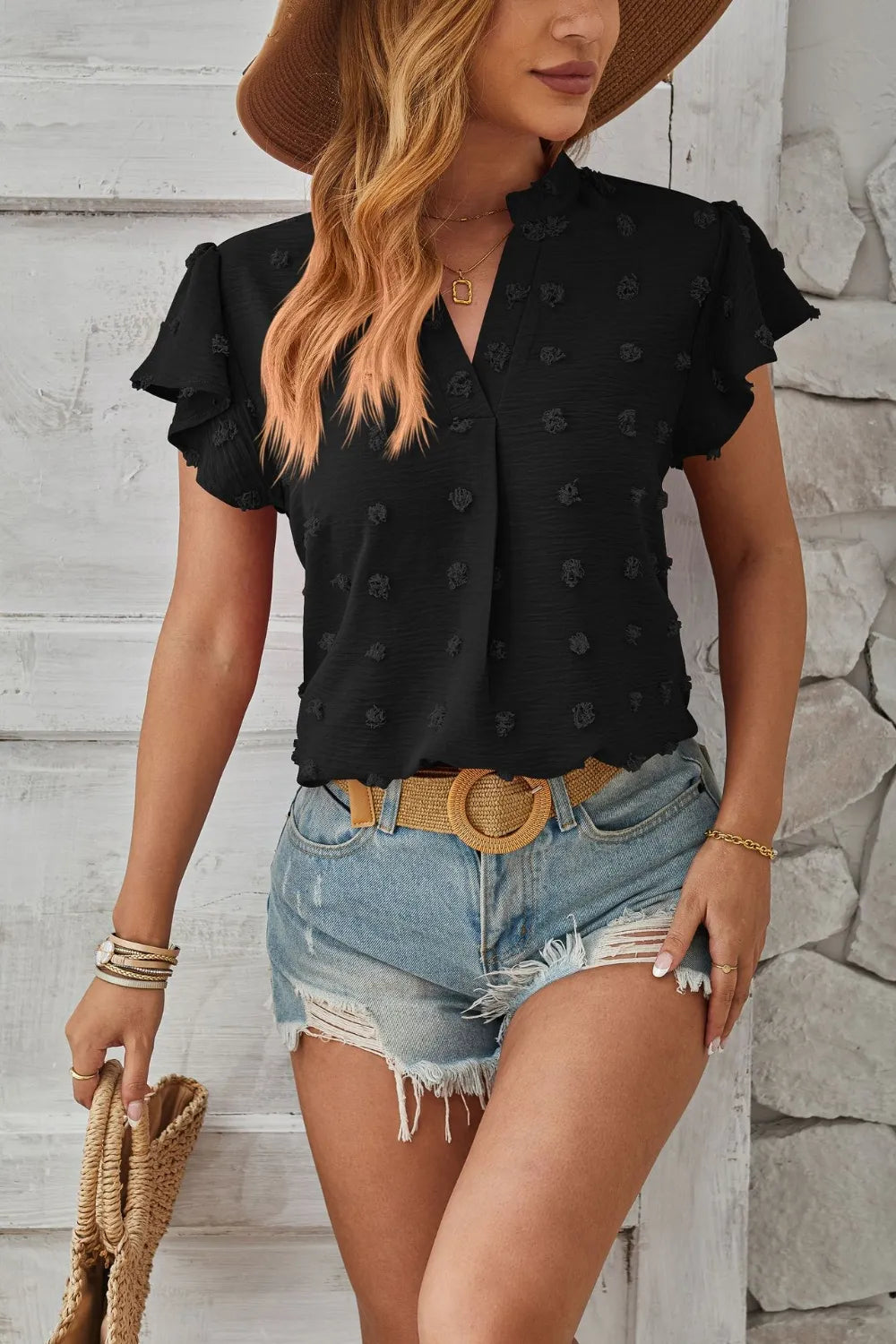Swiss Dot Notched Cap Sleeve T-Shirt – Trendsi | ClozArt