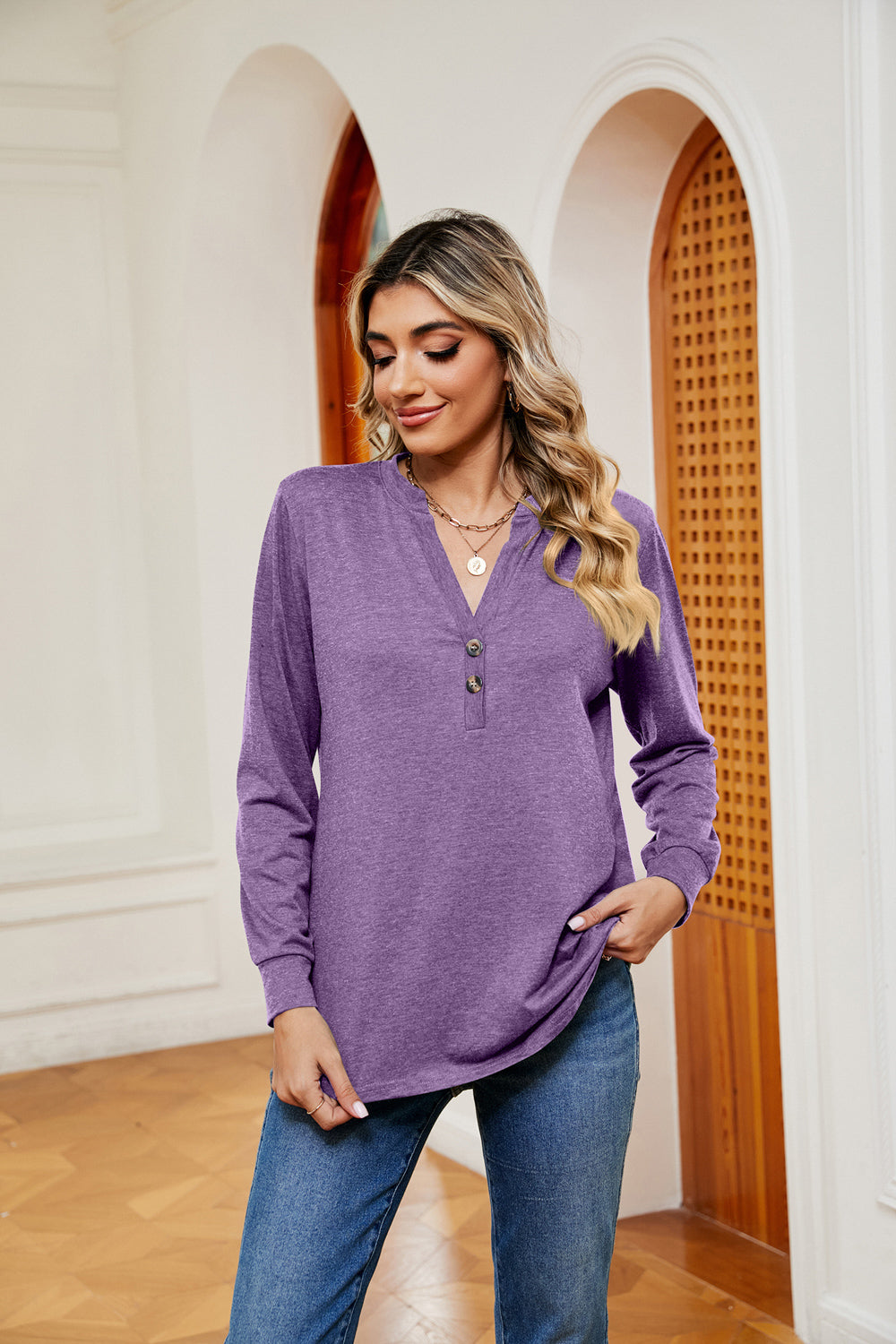 Buttoned Notched Neck Long Sleeve Top – Trendsi | ClozArt