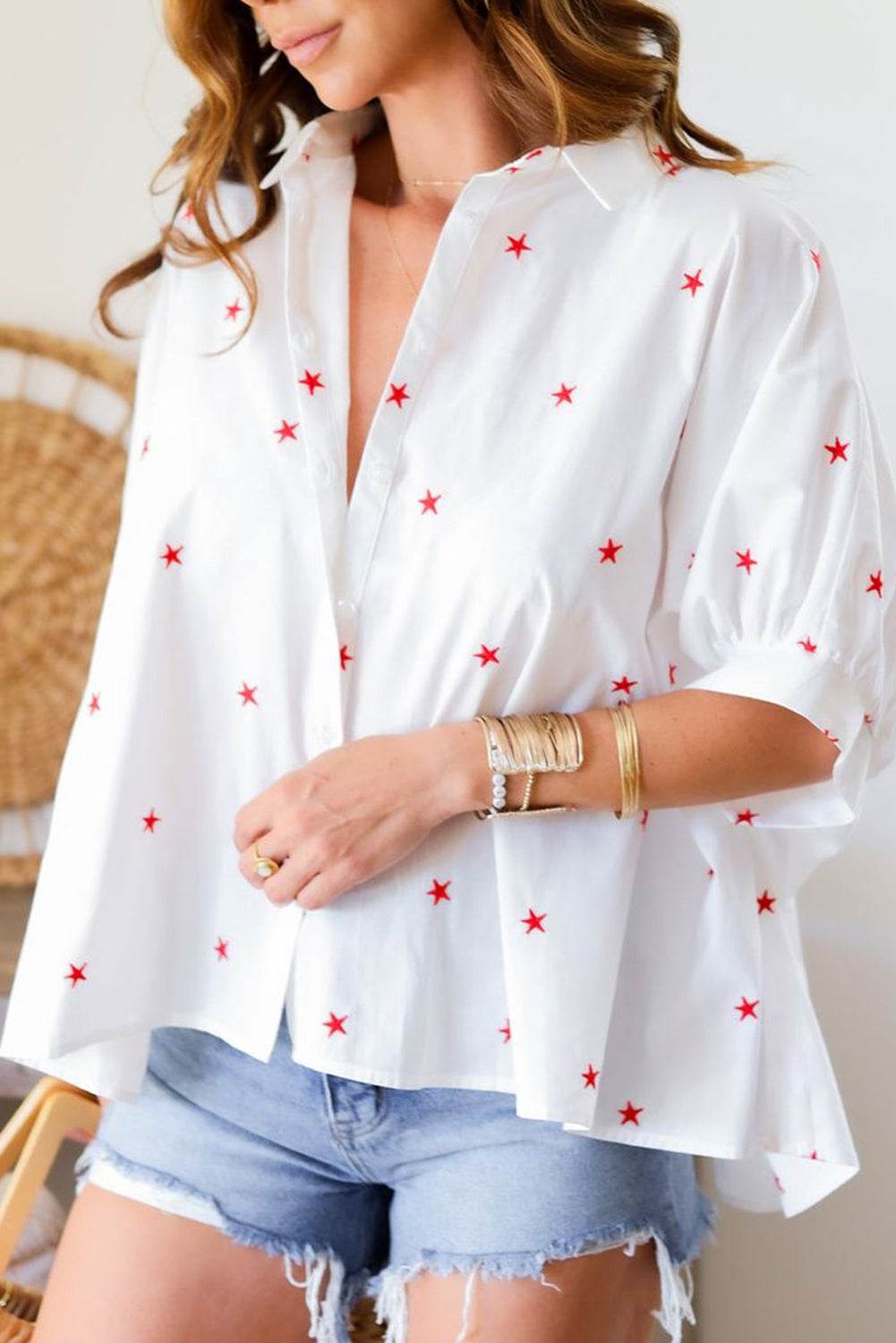 White Stars Half Puff Sleeve Loose Shirt – Shewin | ClozArt