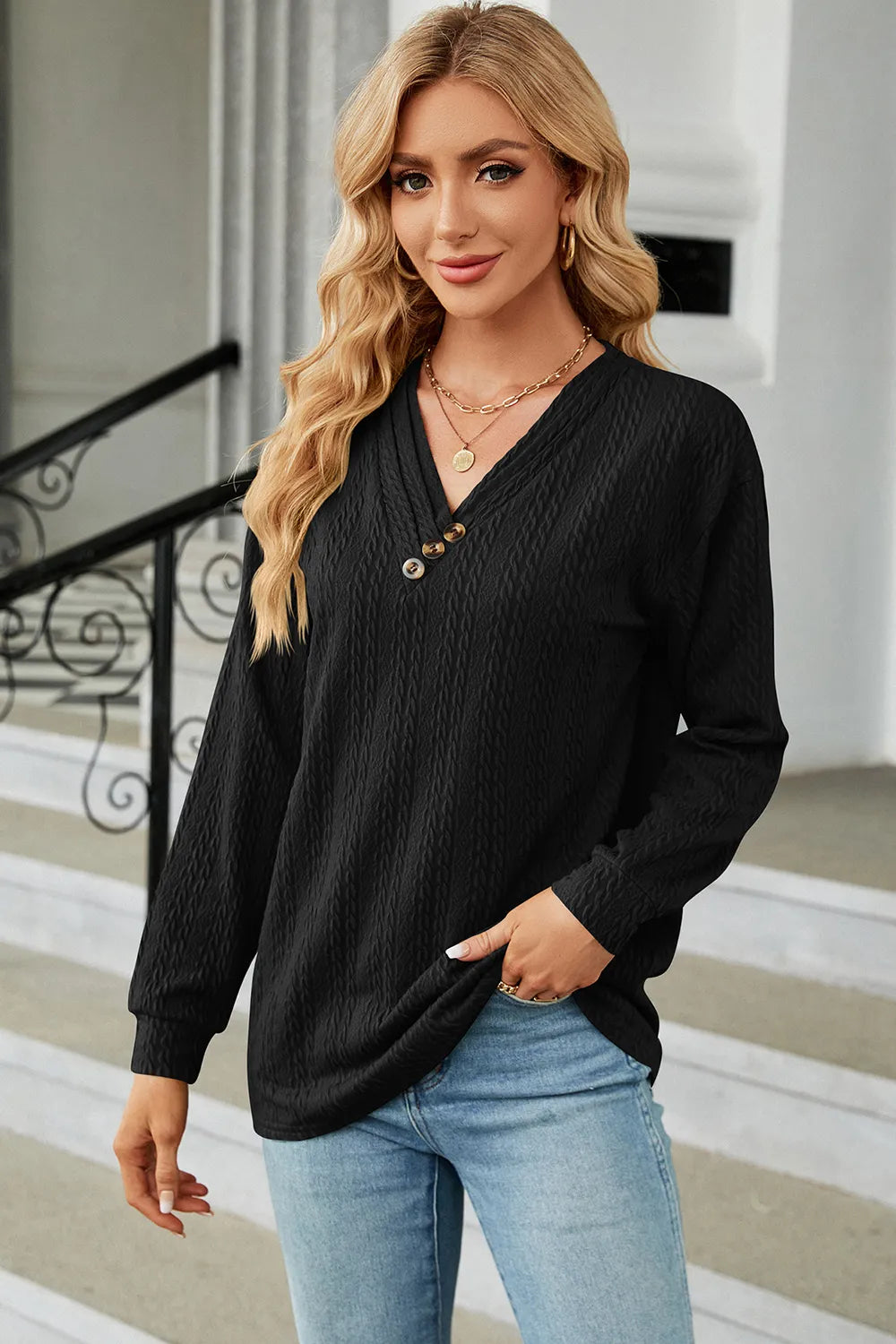 Decorative Button V-Neck Long Sleeve T-Shirt – Trendsi | ClozArt