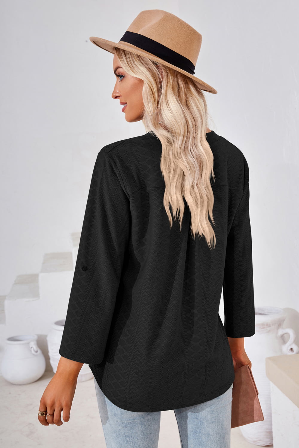 V-Neck Roll-Tap Sleeve Blouse – Trendsi | ClozArt