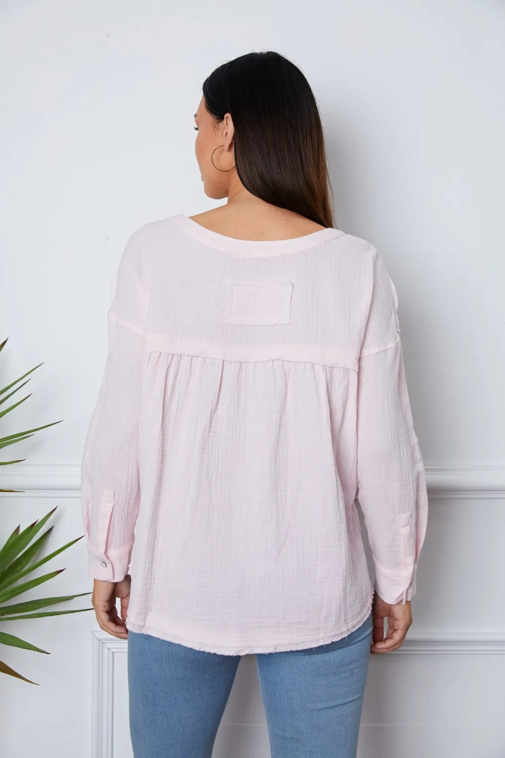 Texture Half Button Raw Hem Top – Trendsi | ClozArt