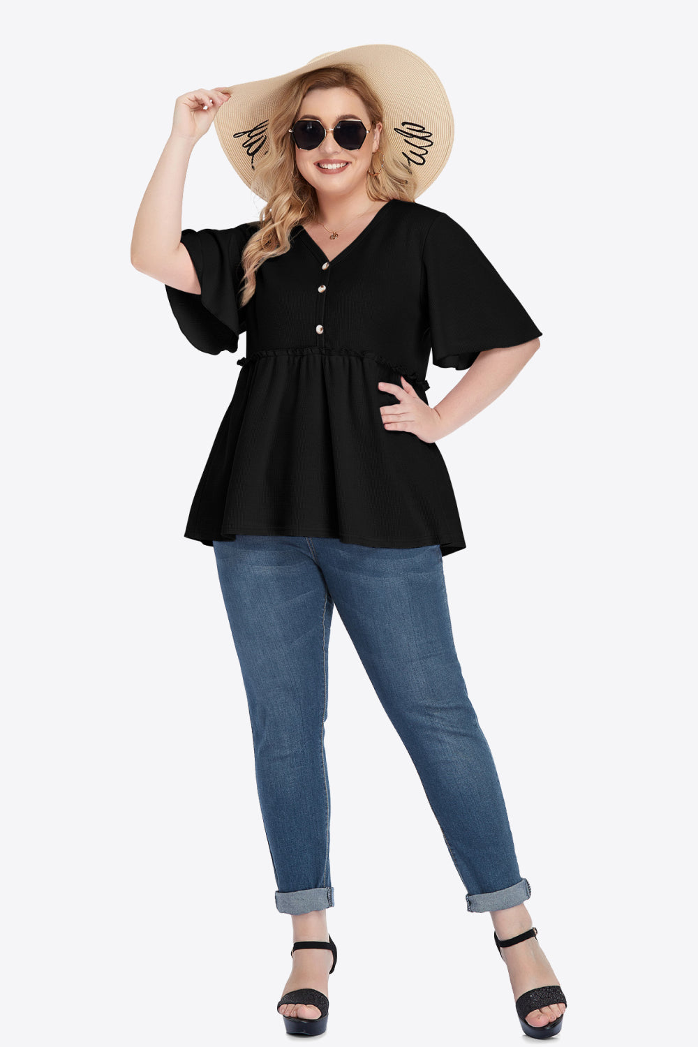 Plus Size Buttoned V-Neck Frill Trim Babydoll Blouse – Trendsi | ClozArt