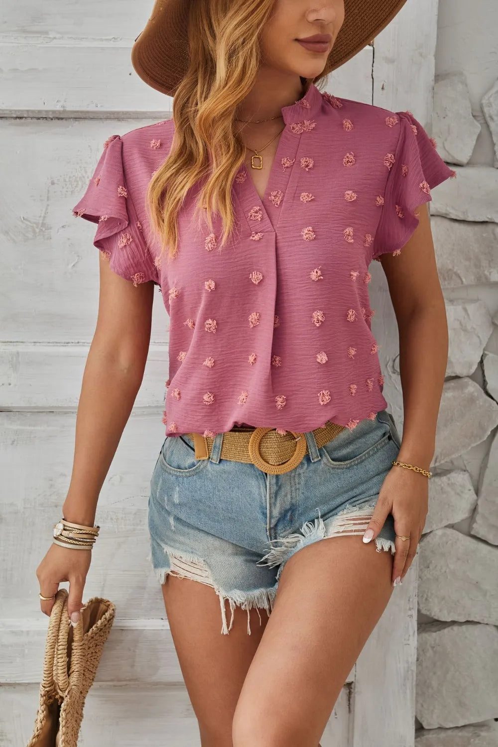 Swiss Dot Notched Cap Sleeve T-Shirt – Trendsi | ClozArt