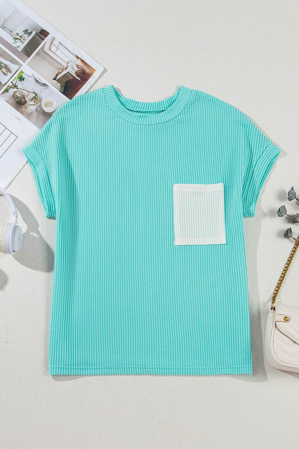 Pink Corded Colorblock Pocket Crew Neck T Shirt – Shewin | ClozArt