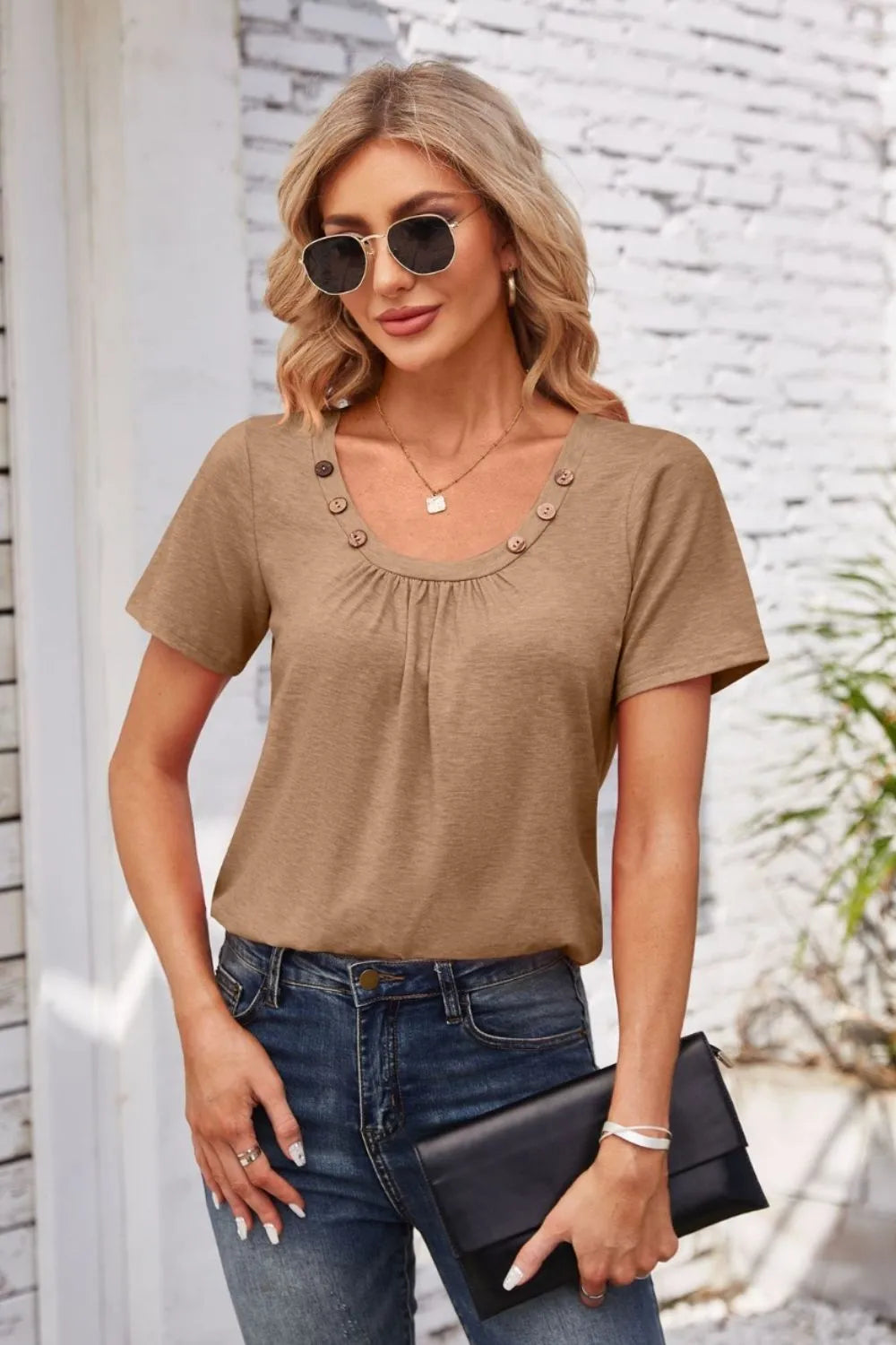Decorative Button Scoop Neck T-Shirt – Trendsi | ClozArt