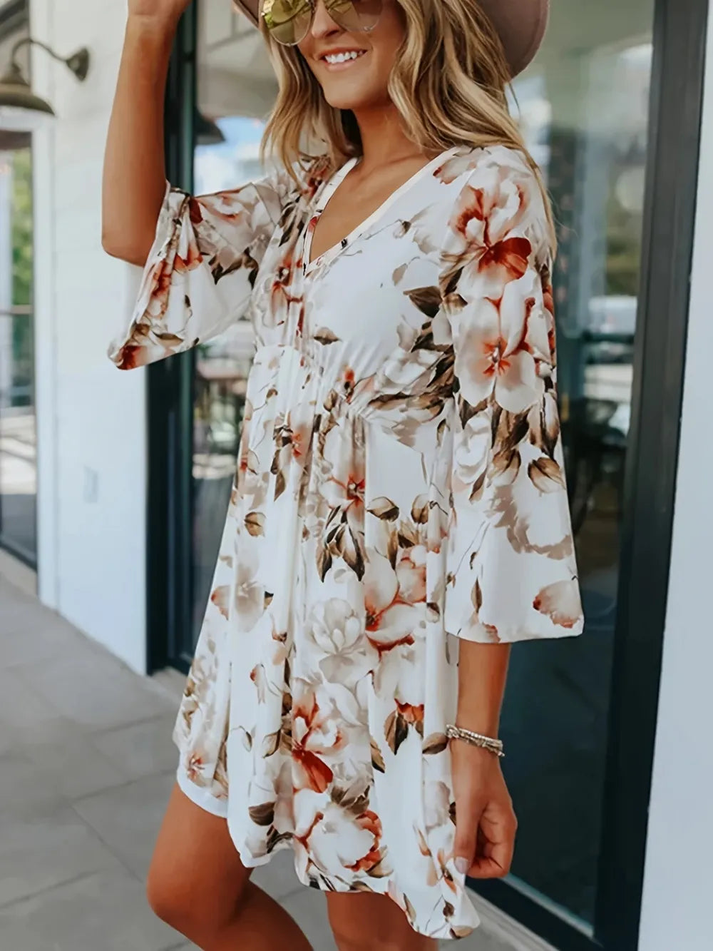 Floral V-Neck Three-Quarter Sleeve Mini Dress – Trendsi | ClozArt