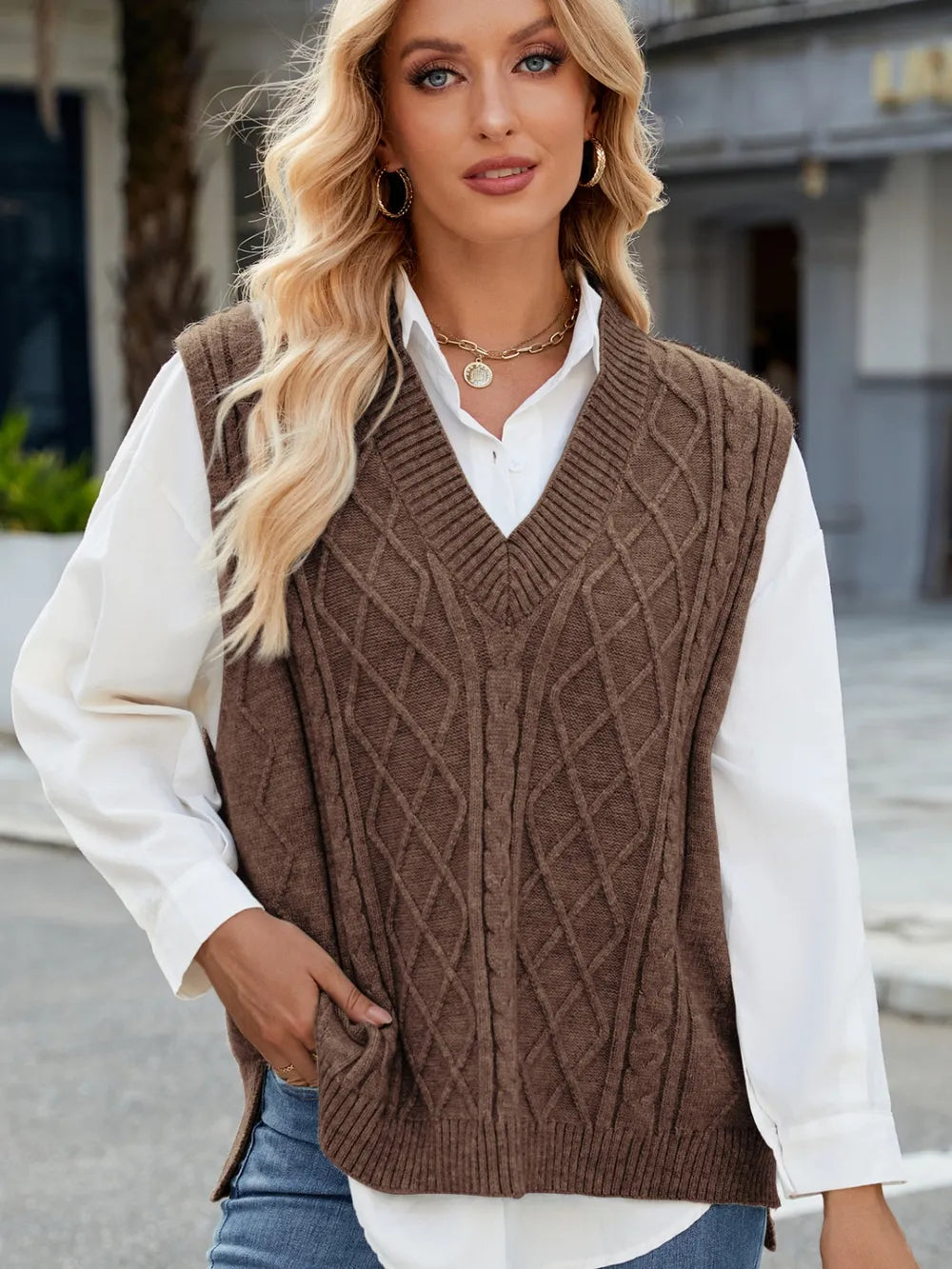 Cable Knit V-Neck Sweater Vest – Trendsi | ClozArt