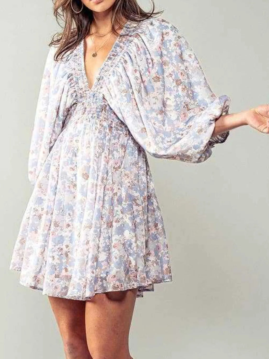 Floral V-Neck Balloon Sleeve Dress – Trendsi | ClozArt