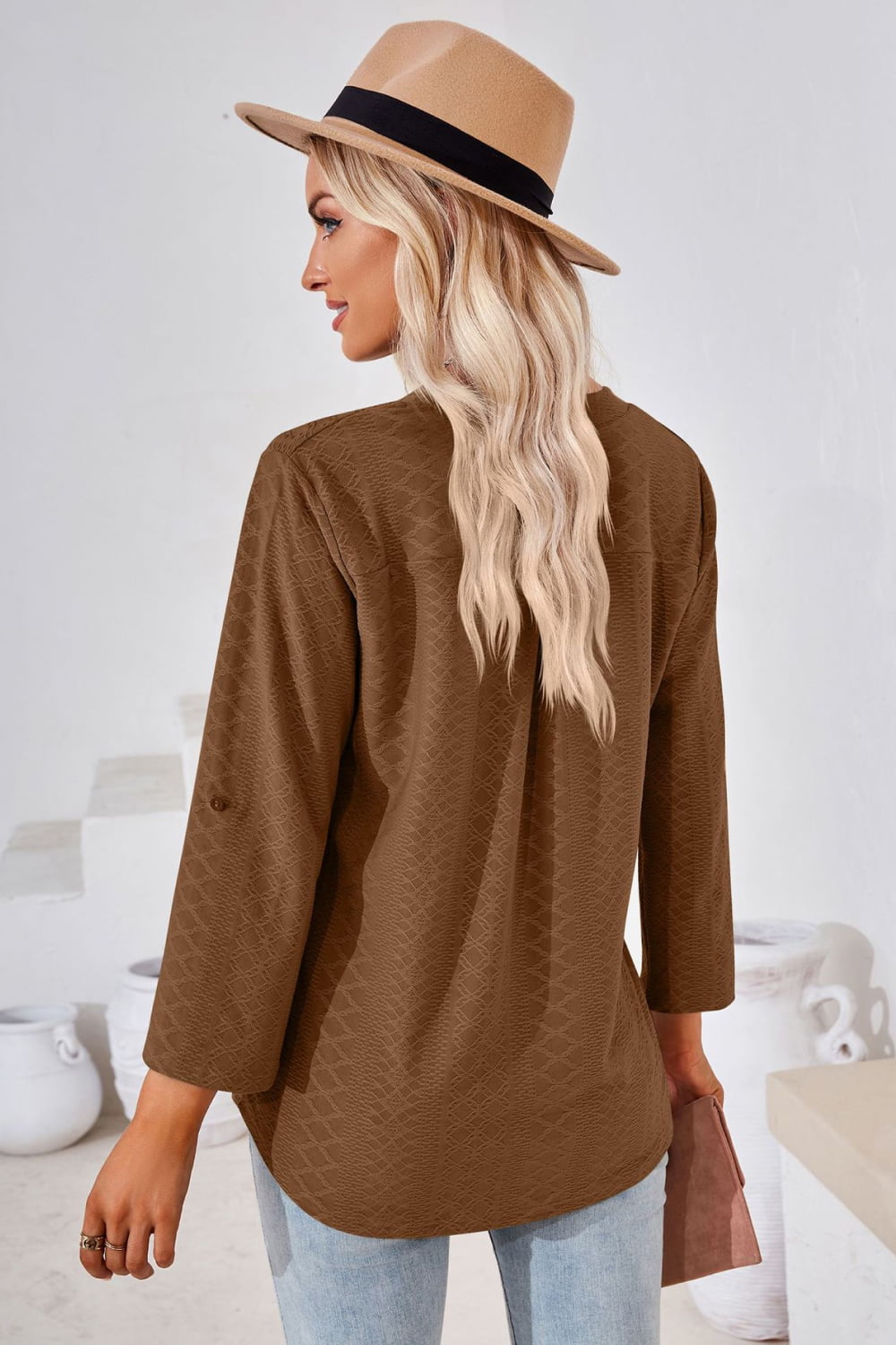 V-Neck Roll-Tap Sleeve Blouse – Trendsi | ClozArt