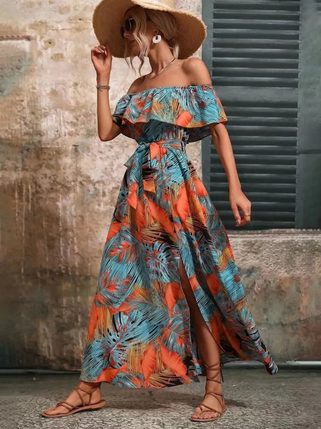 Ruffled Printed Off Shoulder Maxi Dress – Trendsi | ClozArt